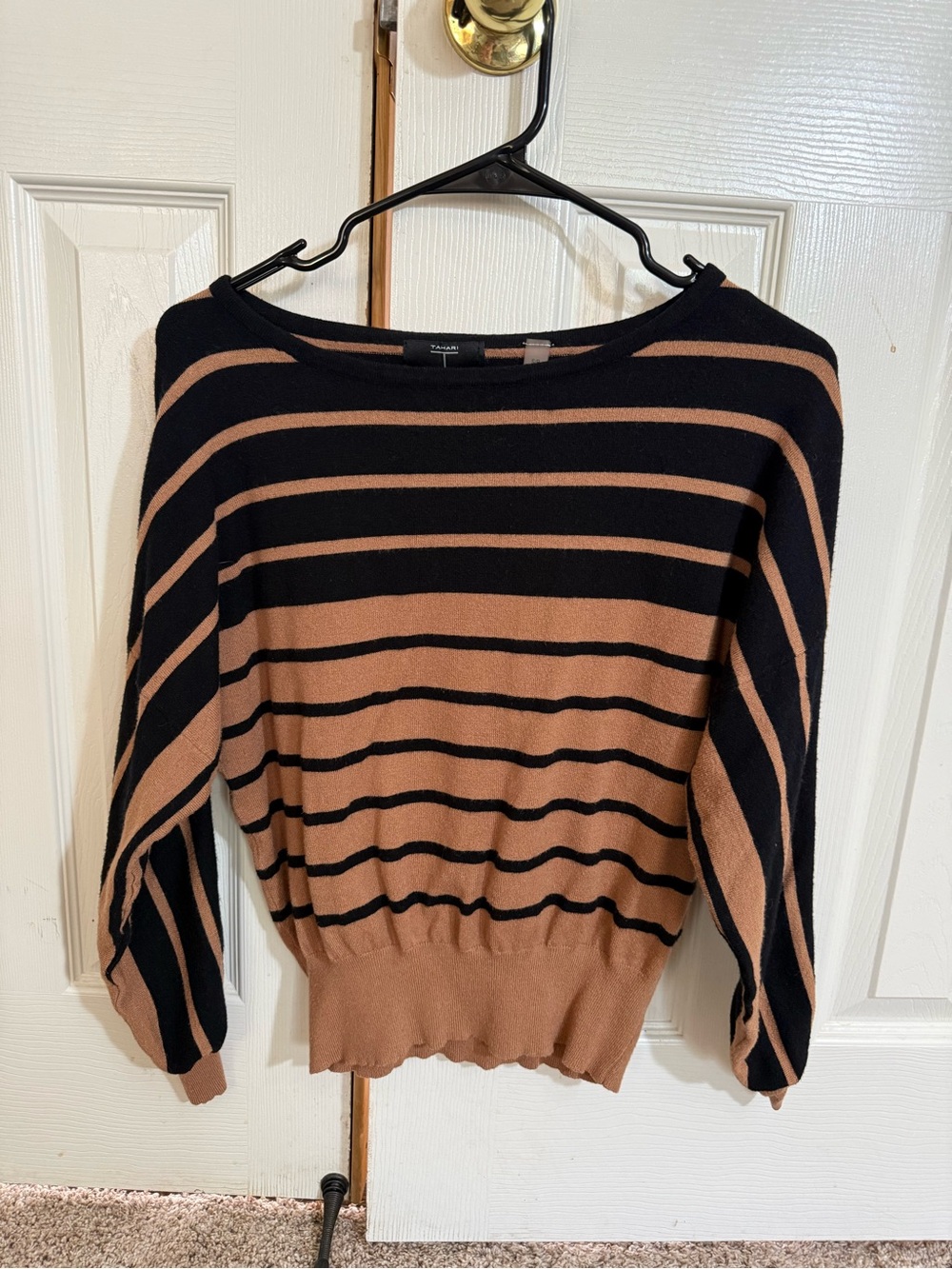 Tahari Women’s SP Black Camel Striped Dolman Batwing Sweater